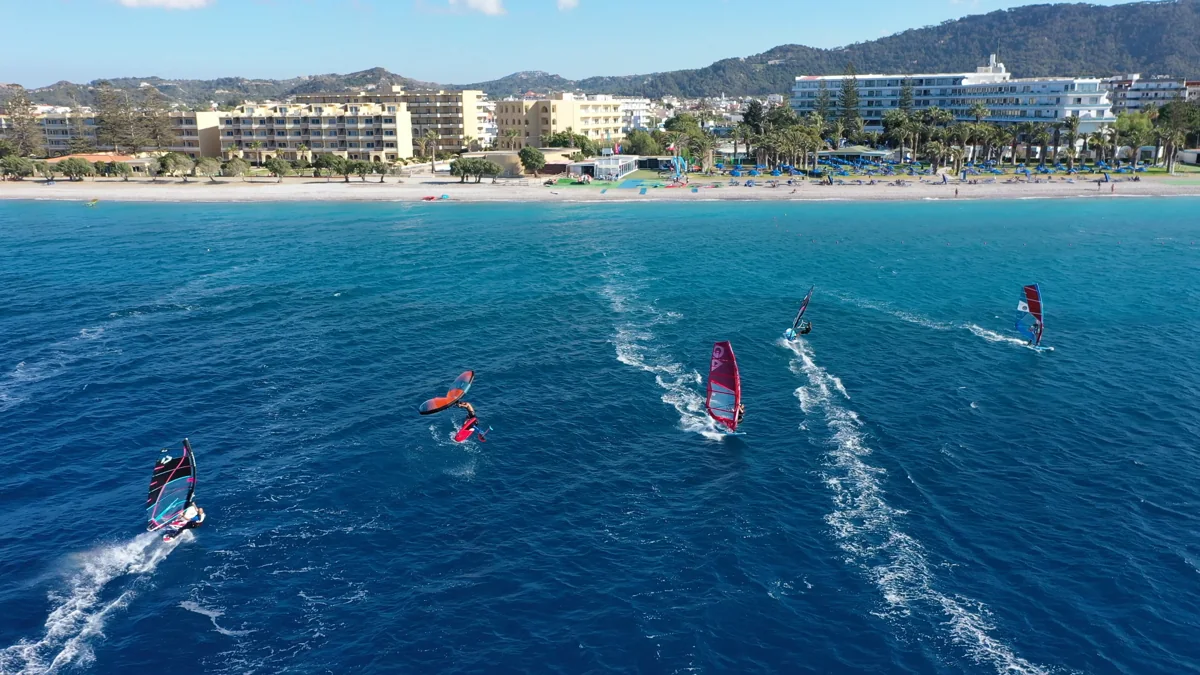 Windsurfers sailing towards the beach and Procenter in Trianda, Rhodes